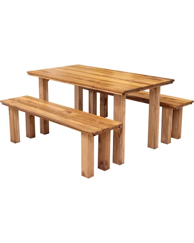 1.5m Dining Table Bench Set - Rustic Wood Stained 4-leg